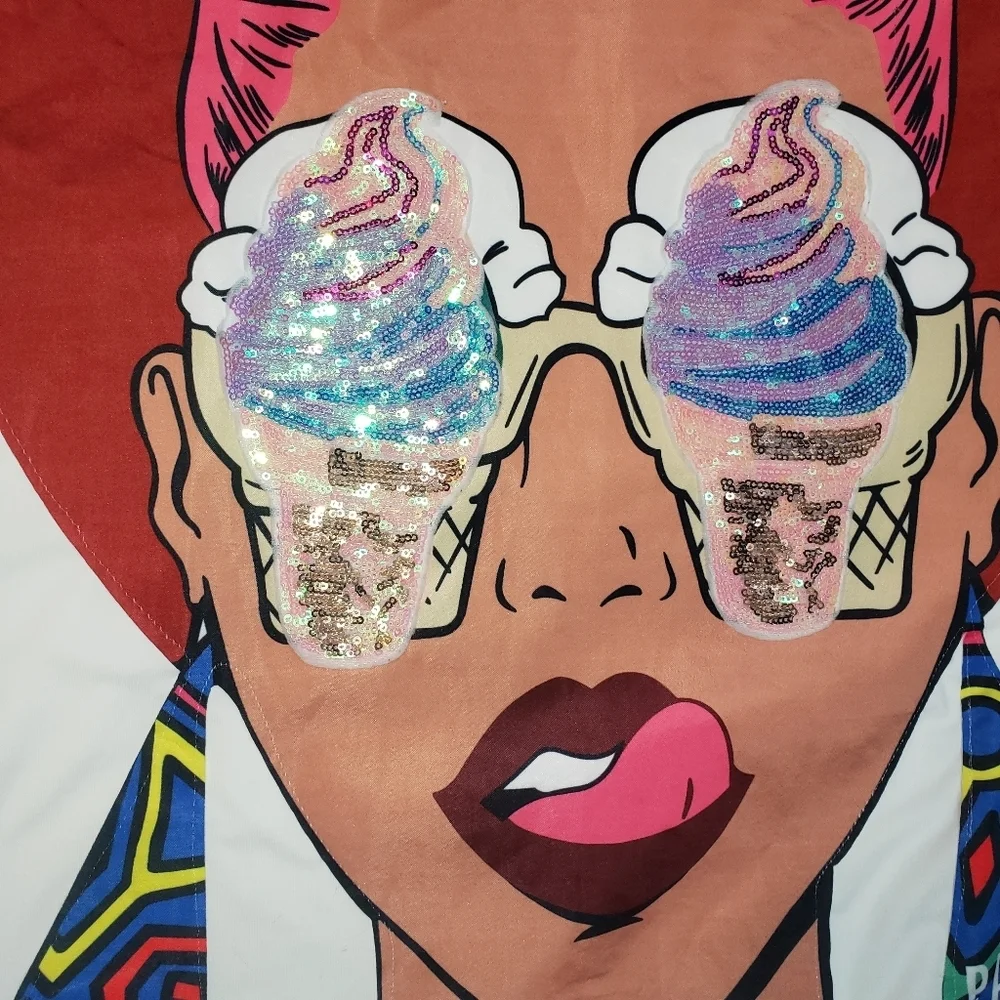 Novelty Print Sequin T-Shirt Mini Dress Size 2X ? Ice Cream Tassels Bell Sleeve - Picture 8 of 14